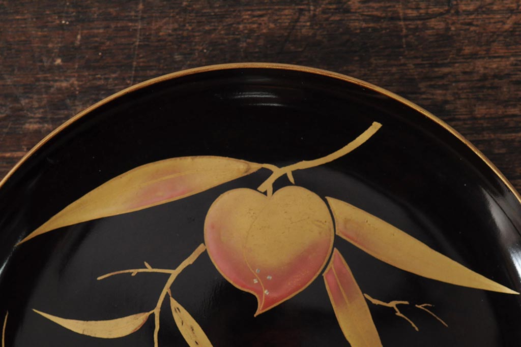 大正昭和初期　桃図　蒔絵木皿5枚セット(漆器、木製皿、銘々皿)(R-043623)