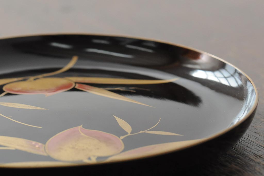 大正昭和初期　桃図　蒔絵木皿5枚セット(漆器、木製皿、銘々皿)(R-043623)