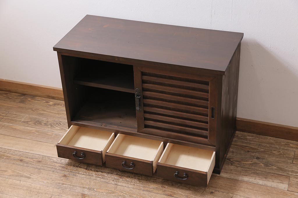 ラフジュ工房オリジナル　古建具リメイク　前板栗材　引き出し付き　和レトロなキャビネット(水屋、収納棚、戸棚)(R-043701)