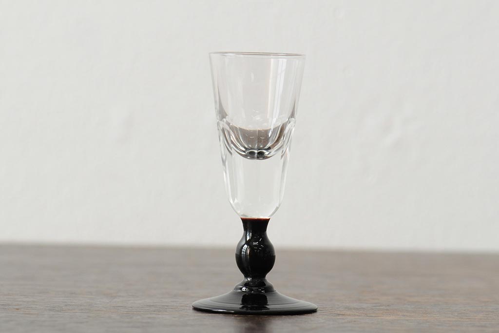大正期　黒エナメル足　リキュールグラス3客セット(和ガラス、酒器)(R-043728)