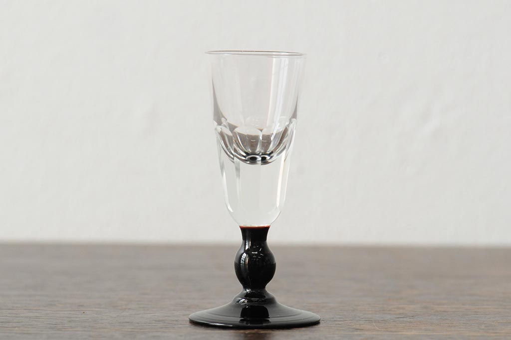 大正期　黒エナメル足　リキュールグラス3客セット(和ガラス、酒器)(R-043728)