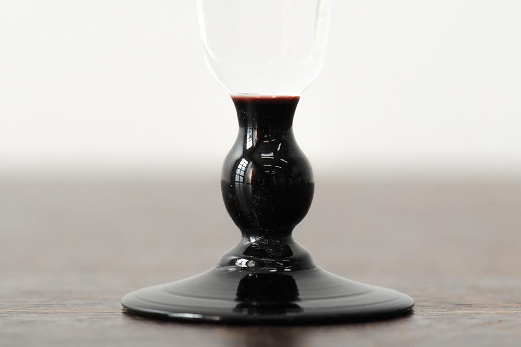 大正期　黒エナメル足　リキュールグラス3客セット(和ガラス、酒器)(R-043728)