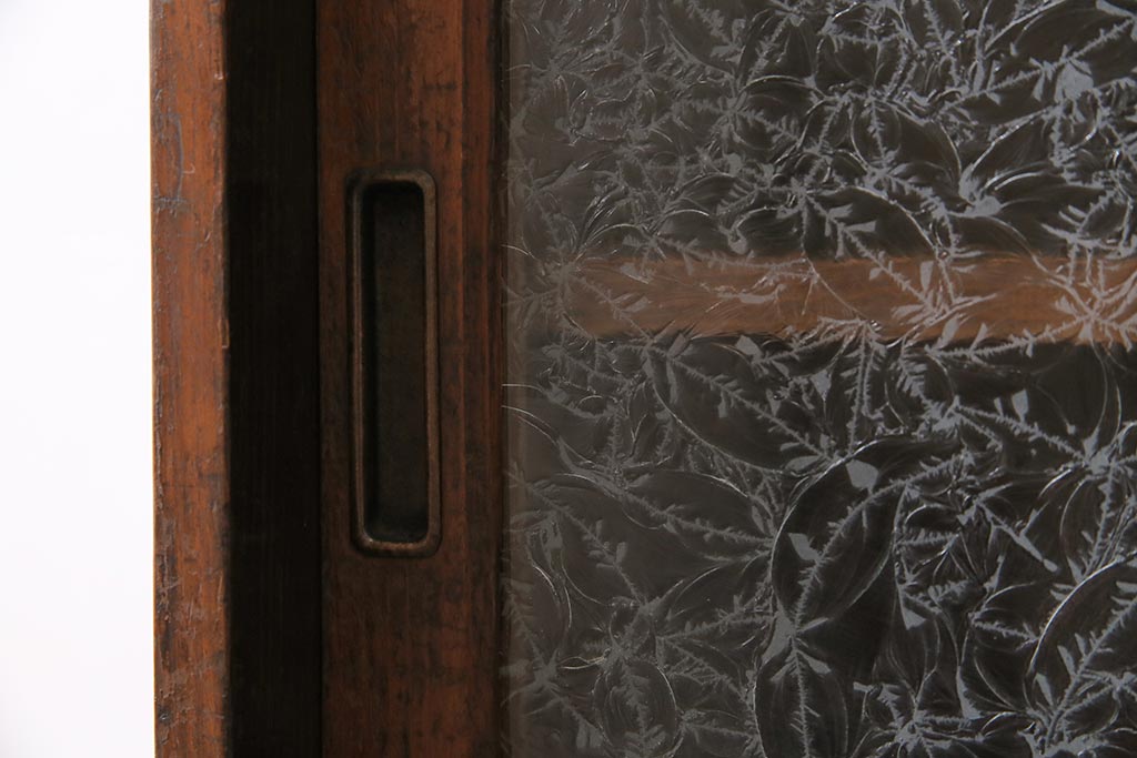 アンティーク家具　ヒノキ材　引き出し付き　結霜ガラス入りの味のある下駄箱(収納棚、戸棚、キャビネット)(R-043743)