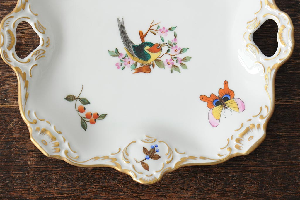 ヴィンテージ　ハンガリー製　Royal Danube(ロイヤル・ドナウ)　hand painted　蝶・鳥　ゴールドリムが気品溢れるスクエアディッシュ(ビンテージ)(R-043768)