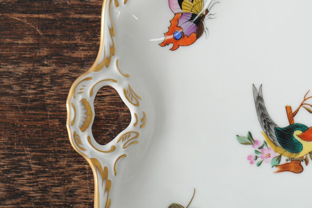 ヴィンテージ　ハンガリー製　Royal Danube(ロイヤル・ドナウ)　hand painted　蝶・鳥　ゴールドリムが気品溢れるスクエアディッシュ(ビンテージ)(R-043768)