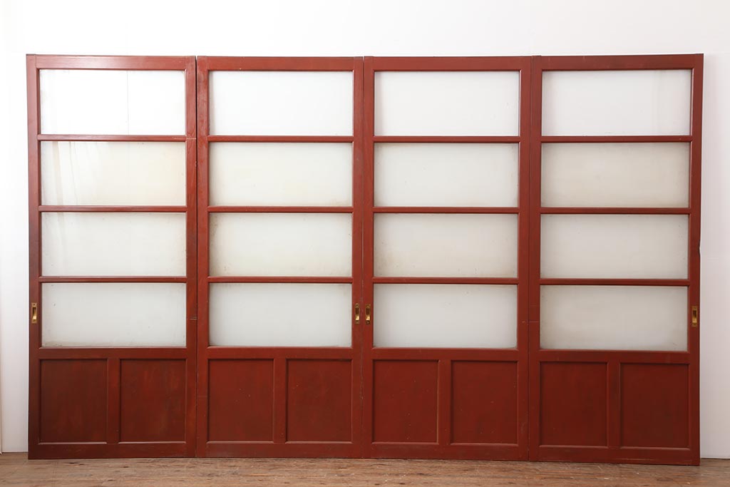 ビンテージ建具　温もりあふれる空間づくりにおすすめな暖色のガラス戸4枚セット(引き戸、建具)(R-043804)