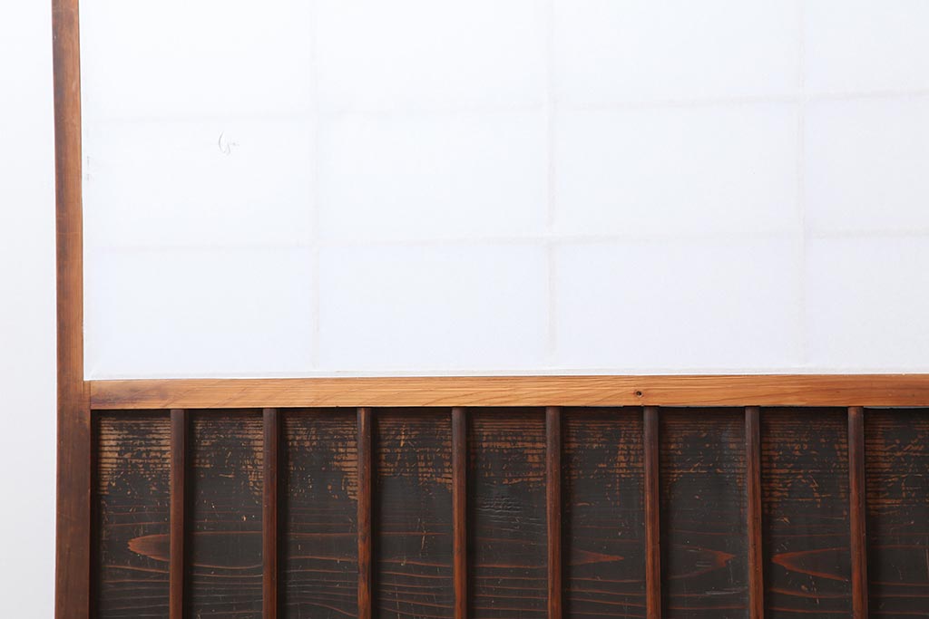 アンティーク建具　明治大正期　腰板の縦桟が趣のある障子戸2枚セット(腰付障子、腰高障子、建具、引き戸)(R-043862)