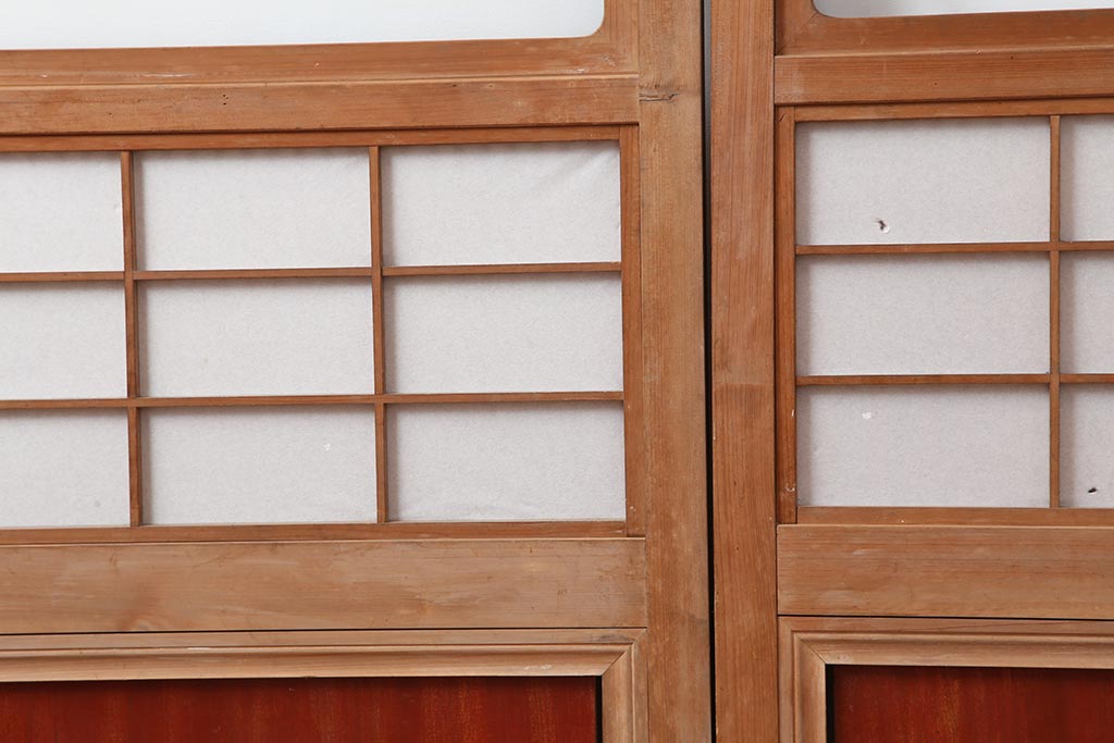 アンティーク建具　昭和中期　腰板ケヤキ材　裏障子付きの格子戸2枚セット(建具、ガラス帯戸、引き戸)(R-043865)