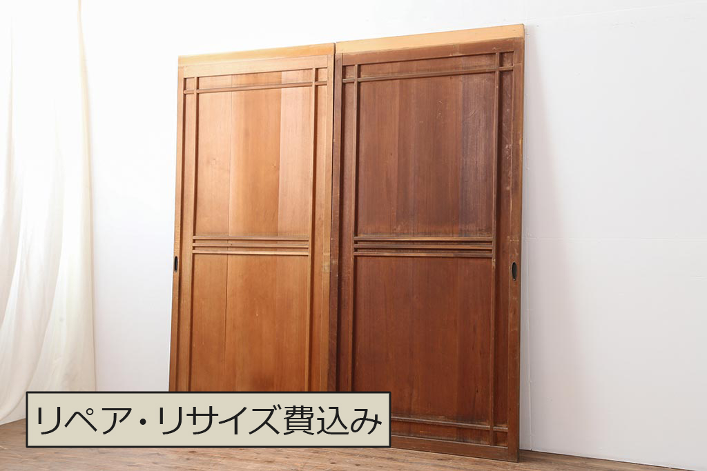 アンティーク建具　大正昭和期　ヒノキ材　上品な雰囲気を放つ板戸2枚セット(建具、引き戸)(R-043882)