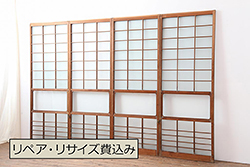 アンティーク建具　昭和中期　すりガラス　光をたくさん取り込めるガラス戸4枚セット(引き戸、建具)(R-043885)