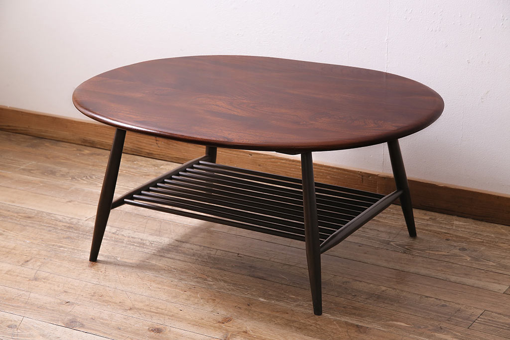 ヴィンテージ家具　イギリス　ERCOL(アーコール)　ニレ材　マガジンラック付き　落ち着いた色合いのコーヒーテーブル(センターテーブル、リビングテーブル、ビンテージ)(R-043901)