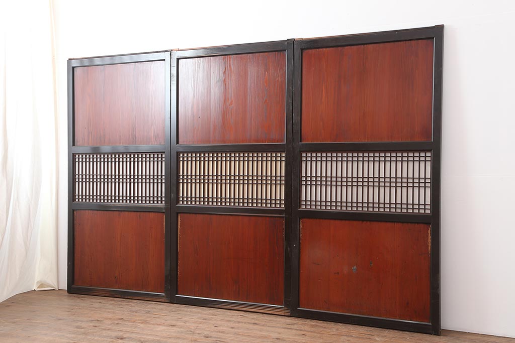 アンティーク建具　明治大正期　上品な空間作りにおすすめの格子帯戸3枚セット(引き戸、障子戸)(R-043991)