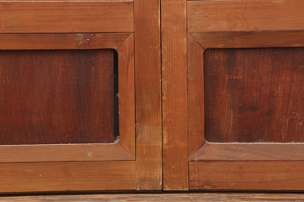 アンティーク建具　昭和中期　腰板ケヤキ材　裏障子付き　和の趣を演出する上手物の万本格子戸4枚セット(引き戸、障子戸)(R-044033)