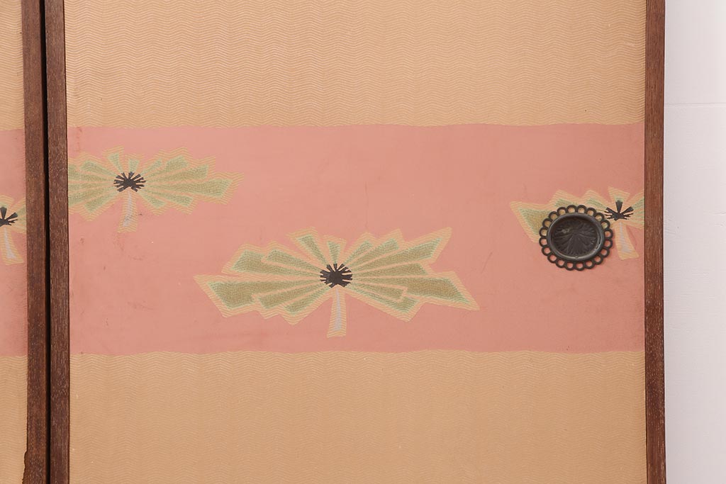 レトロ建具　昭和レトロ　桃色と花の意匠が愛らしいふすま4枚セット(建具、引き戸、仕切り戸)(R-044115)