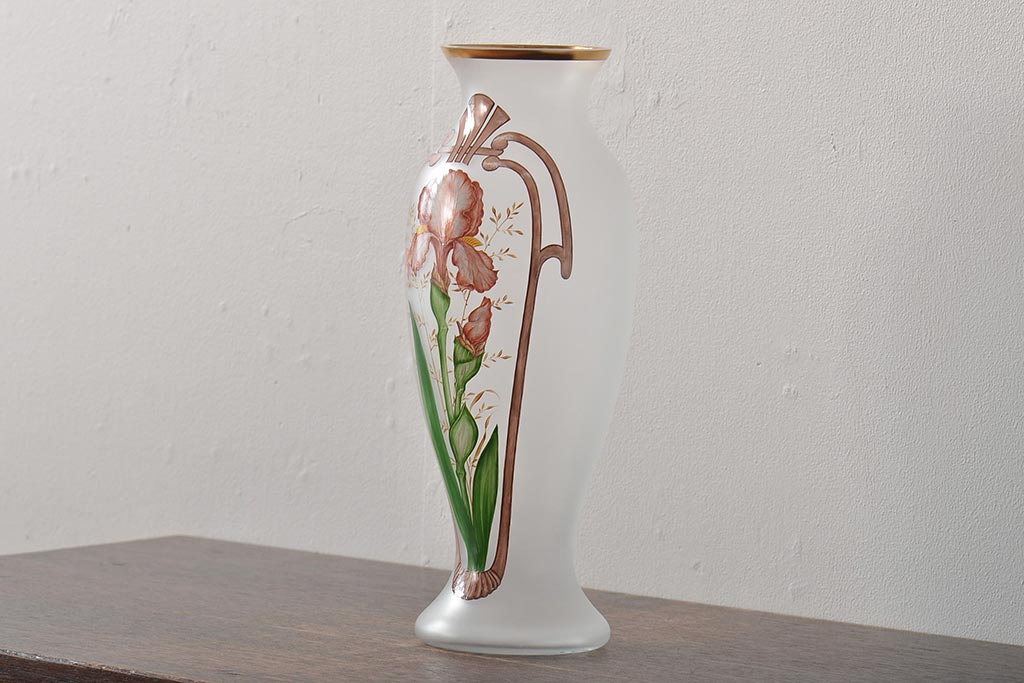 ヨーロッパ製　ピンクアイリス　フロストガラスのフラワーベース(花瓶、花器)(R-044131)