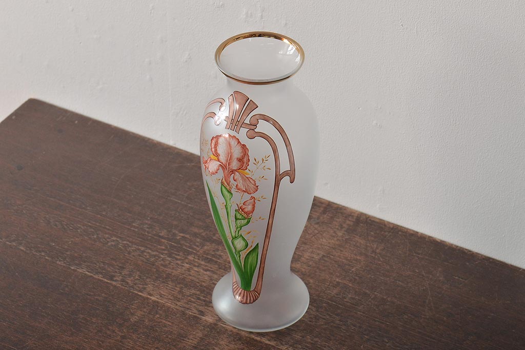 ヨーロッパ製　ピンクアイリス　フロストガラスのフラワーベース(花瓶、花器)(R-044131)