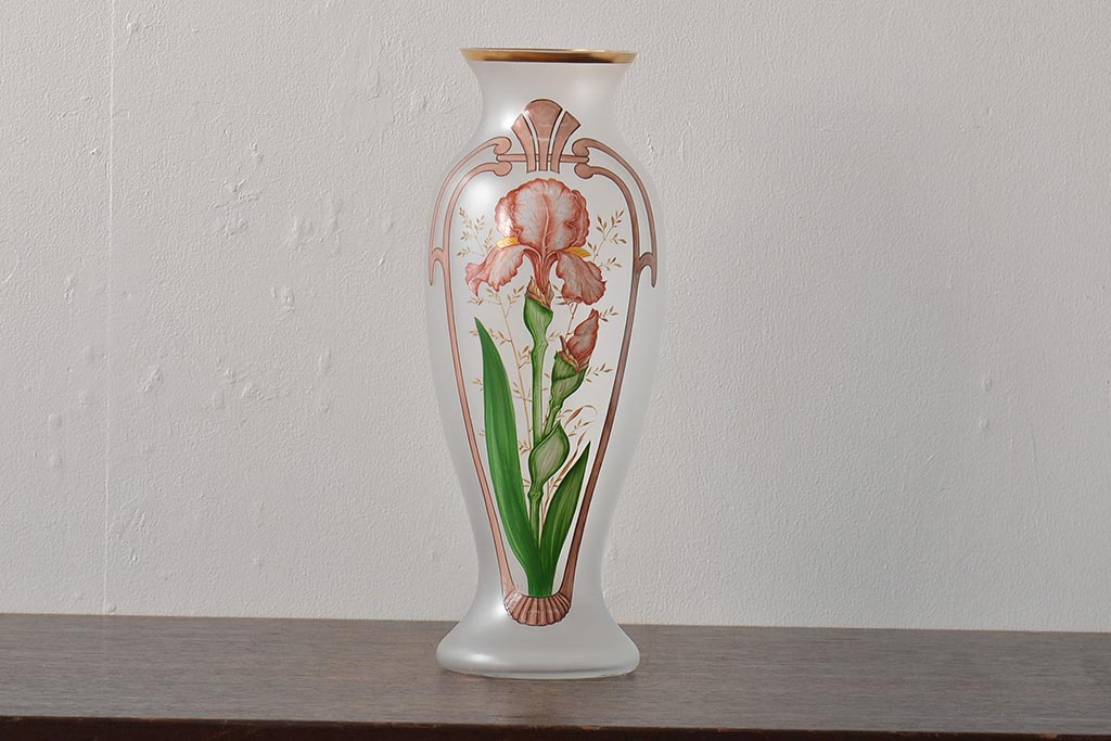 ヨーロッパ製 ピンクアイリス フロストガラスのフラワーベース(花瓶