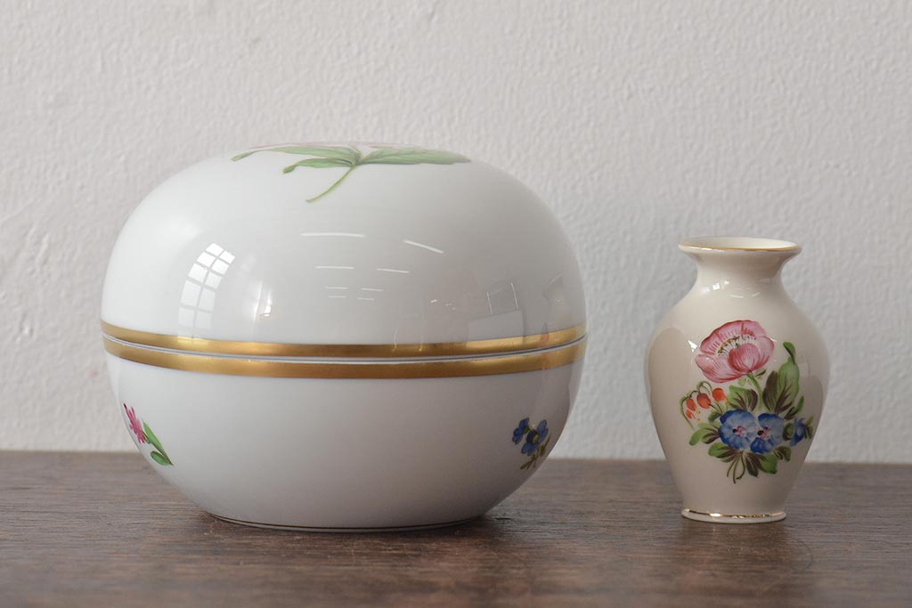 中古　ハンガリー　HEREND(ヘレンド)　ボンボン入れ・ミニチュアベース　2点セット(小物入れ、花瓶、花器、陶磁器)(R-044133)