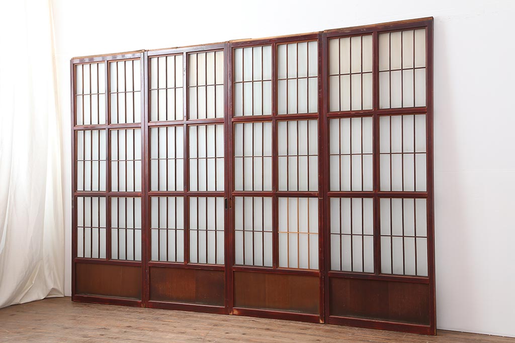 アンティーク建具　大正昭和初期　大正ロマン　赤褐色の木肌が美しいガラス戸4枚セット(引き戸、建具)(R-044145)