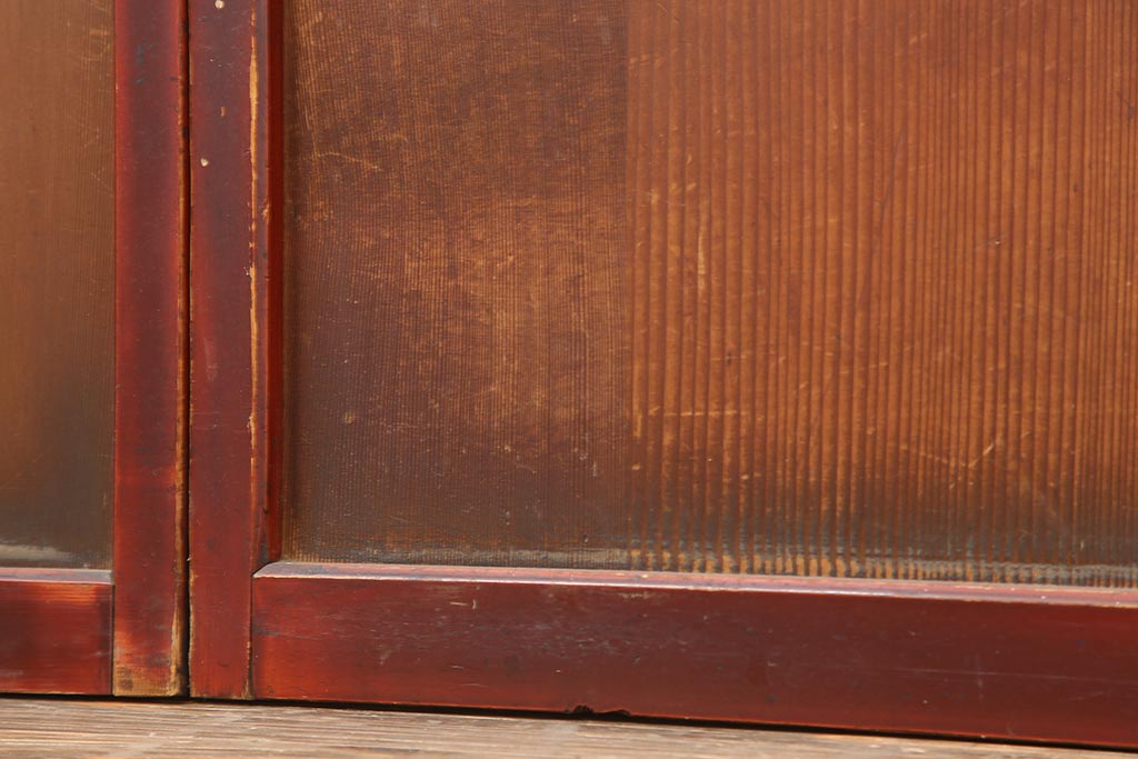 アンティーク建具　大正昭和初期　大正ロマン　赤褐色の木肌が美しいガラス戸4枚セット(引き戸、建具)(R-044145)