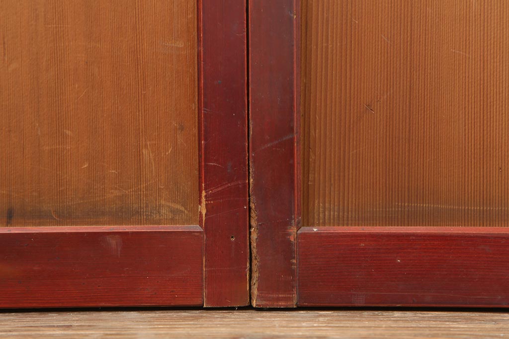アンティーク建具　大正昭和初期　大正ロマン　赤褐色の木肌が美しいガラス戸4枚セット(引き戸、建具)(R-044153)