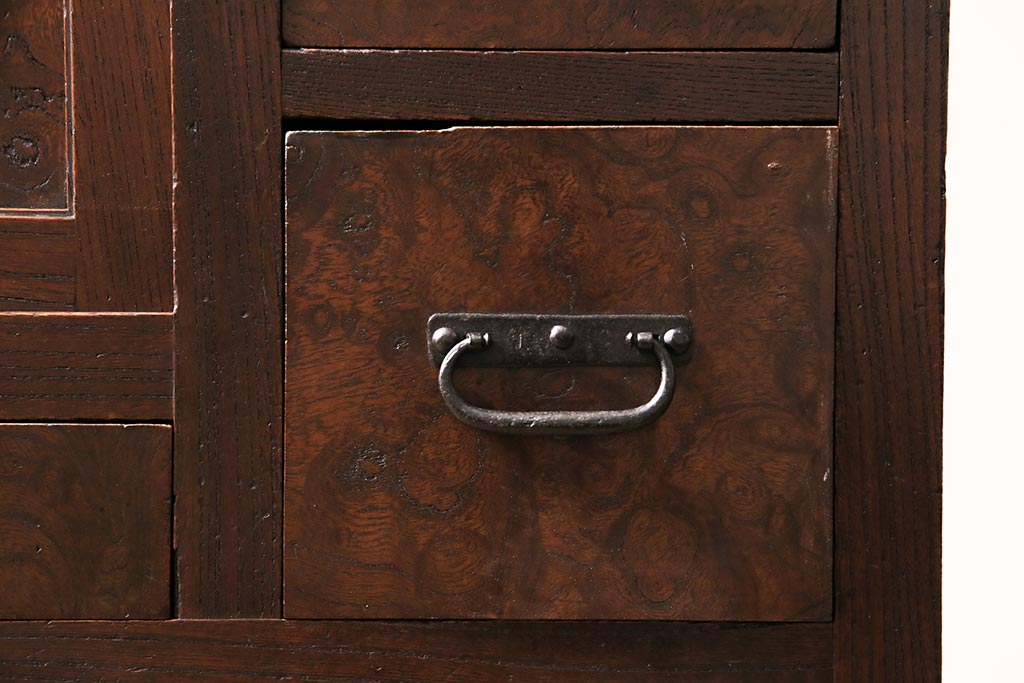 アンティーク家具　上手物　前面ケヤキ　玉杢や凝ったつくりが素晴らしい関東水屋箪笥・下段(茶箪笥)(R-044172)