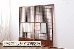 中古　大判スモークガラス入り　シンプルな数寄屋のガラス戸2枚セット(引き戸)(R-064102)