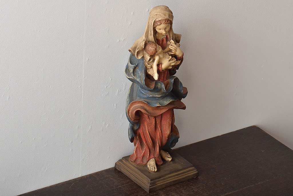 東欧ヴィンテージ　聖母マリア像　木彫(キリストイコン画、ビンテージ)(R-044212)