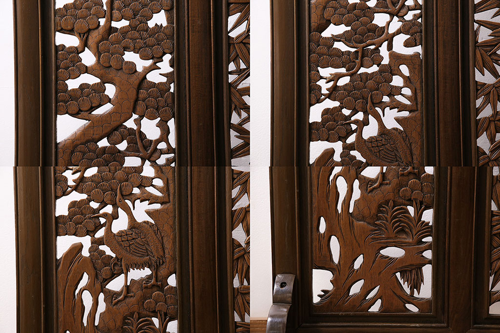 ヴィンテージ建具　松竹梅の透かし彫りが目を引く凝った造りの衝立(つい立て、パーテーション、ビンテージ)(R-044244)