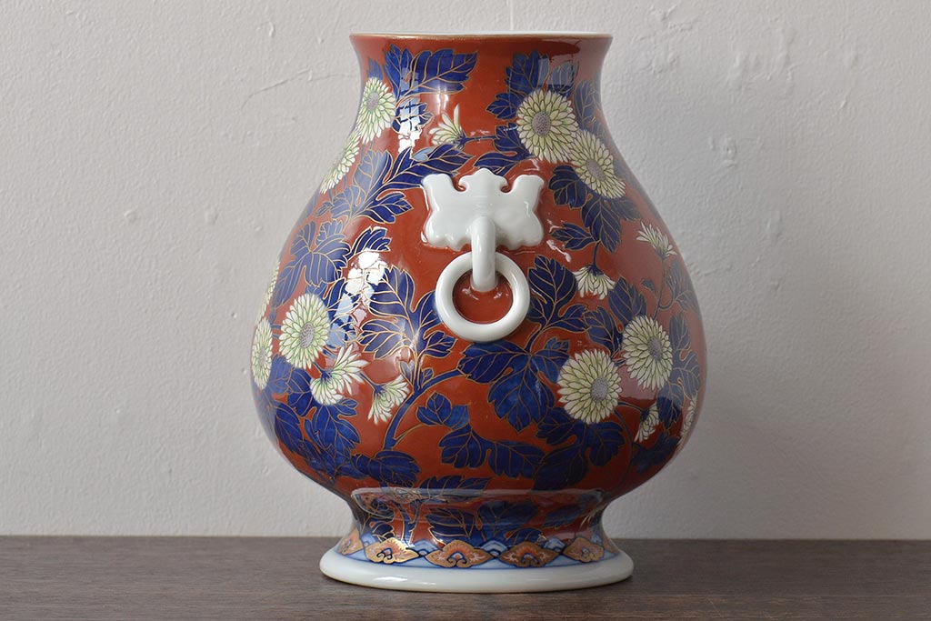 戦前　オールド香蘭社　菊文耳付花瓶(花器)(R-044324)