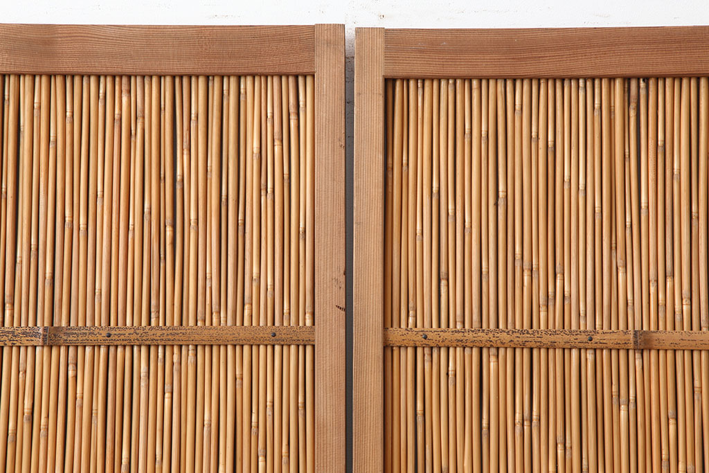 ビンテージ建具　昭和中期　和の風情を感じさせる御簾戸2枚セット(簾戸、簀戸、葭戸、夏障子、夏戸、葦戸)(R-044342)