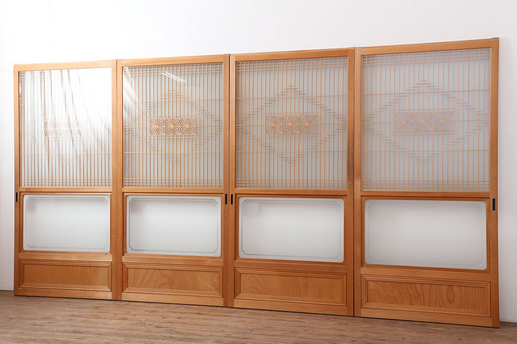 中古　昭和後期　角麻文様　すりガラス　明るい和の空間を演出する組子ガラス戸4枚セット(引き戸、建具)(R-044359)