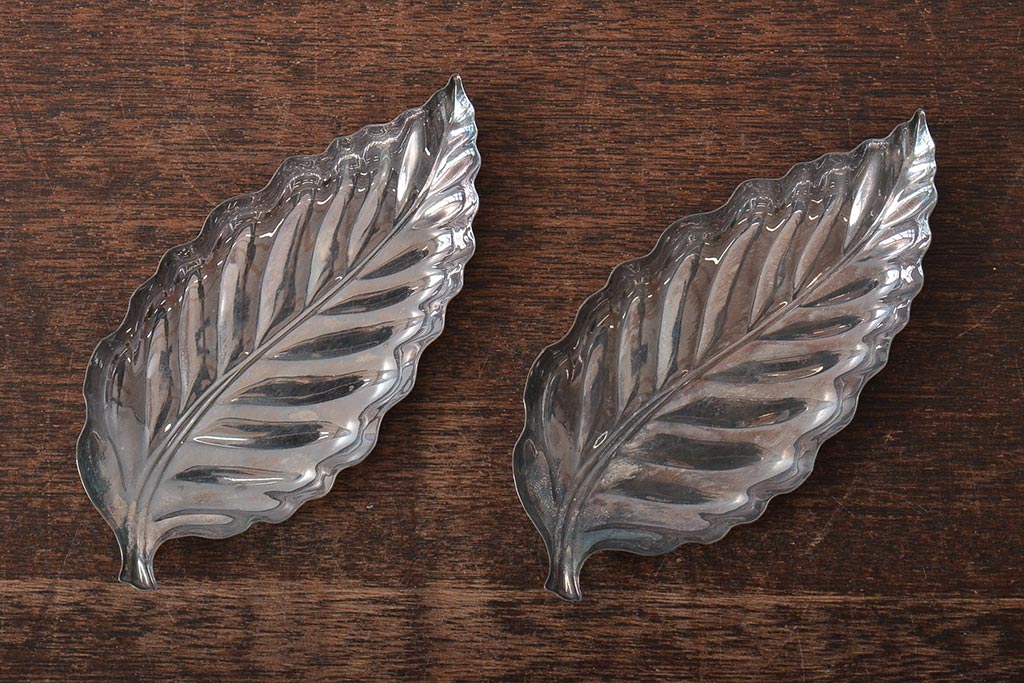 昭和初期　純銀製　葉盆2枚(茶道具、葉皿)(R-044412)