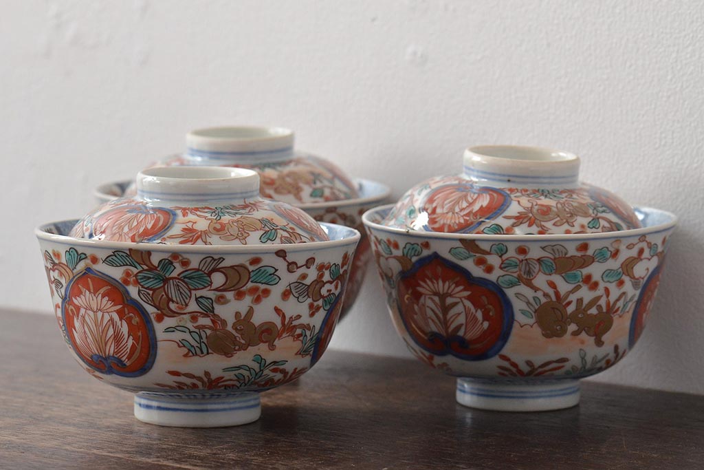幕末〜明治　伊万里焼　色絵金彩兎図　蓋茶碗3客(和食器)(R-044543)