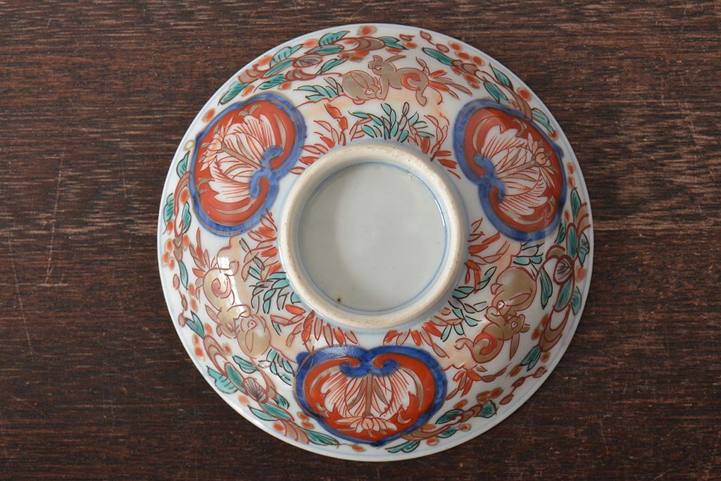 幕末〜明治　伊万里焼　色絵金彩兎図　蓋茶碗3客(和食器)(R-044543)