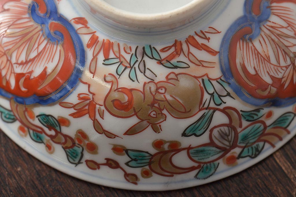 幕末〜明治　伊万里焼　色絵金彩兎図　蓋茶碗3客(和食器)(R-044543)