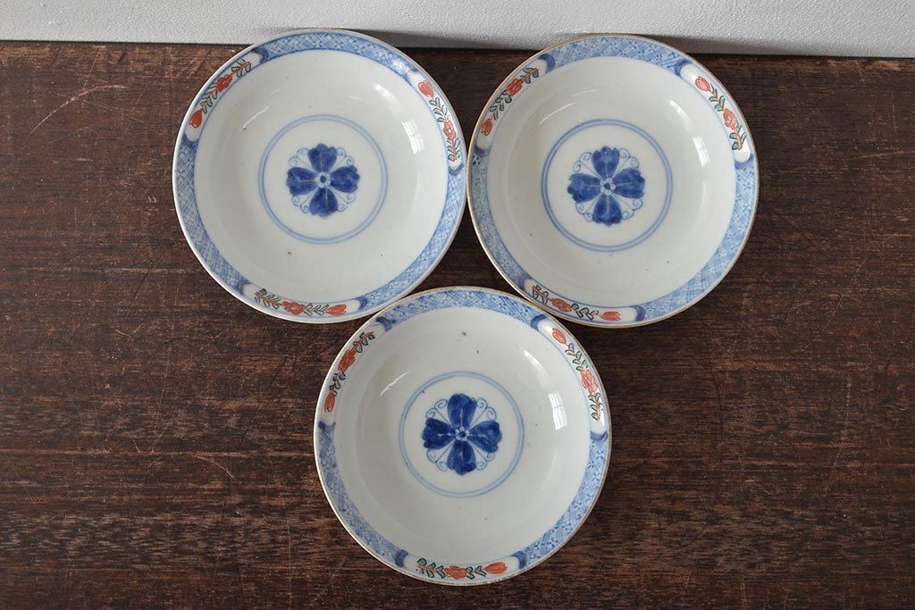 幕末〜明治　伊万里焼　色絵金彩兎図　蓋茶碗3客(和食器)(R-044543)