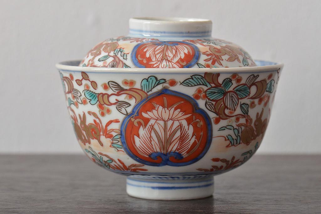 幕末〜明治　伊万里焼　色絵金彩兎図　蓋茶碗3客(和食器)(R-044543)