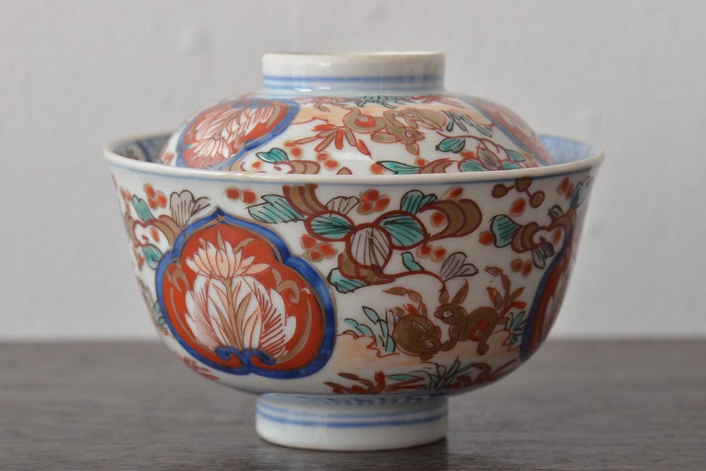 幕末〜明治　伊万里焼　色絵金彩兎図　蓋茶碗3客(和食器)(R-044543)