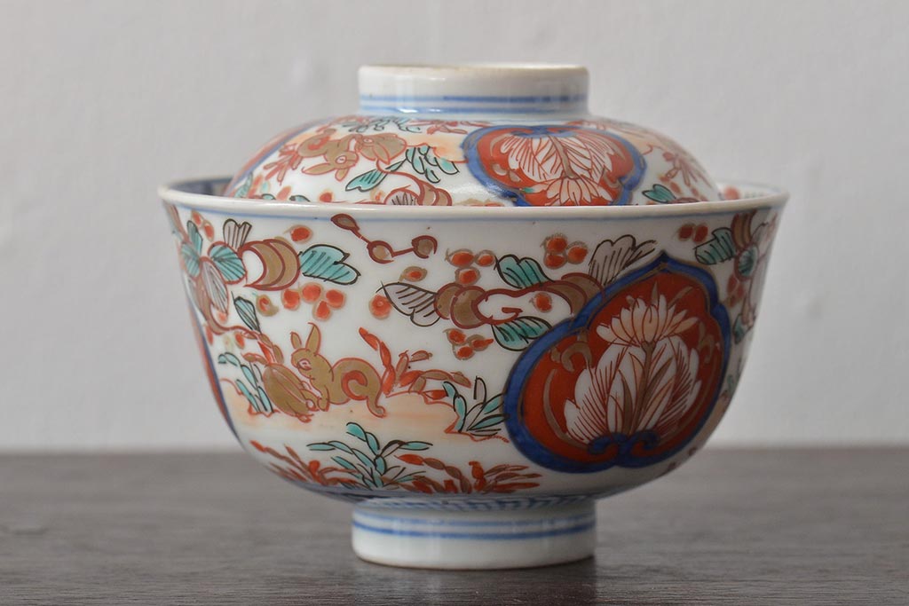幕末〜明治　伊万里焼　色絵金彩兎図　蓋茶碗3客(和食器)(R-044543)