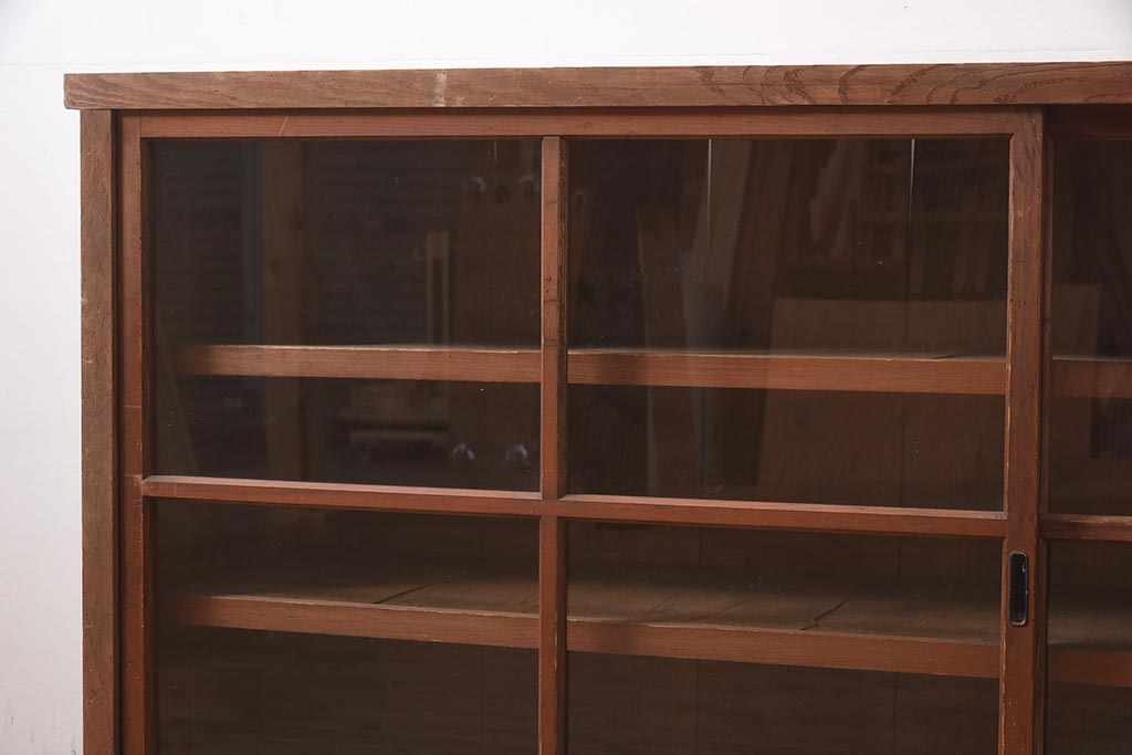 アンティーク家具　大正昭和初期　古い木の味わいが魅力的な重ねガラス戸棚(収納棚、食器棚、本箱、キャビネット)(R-044561)