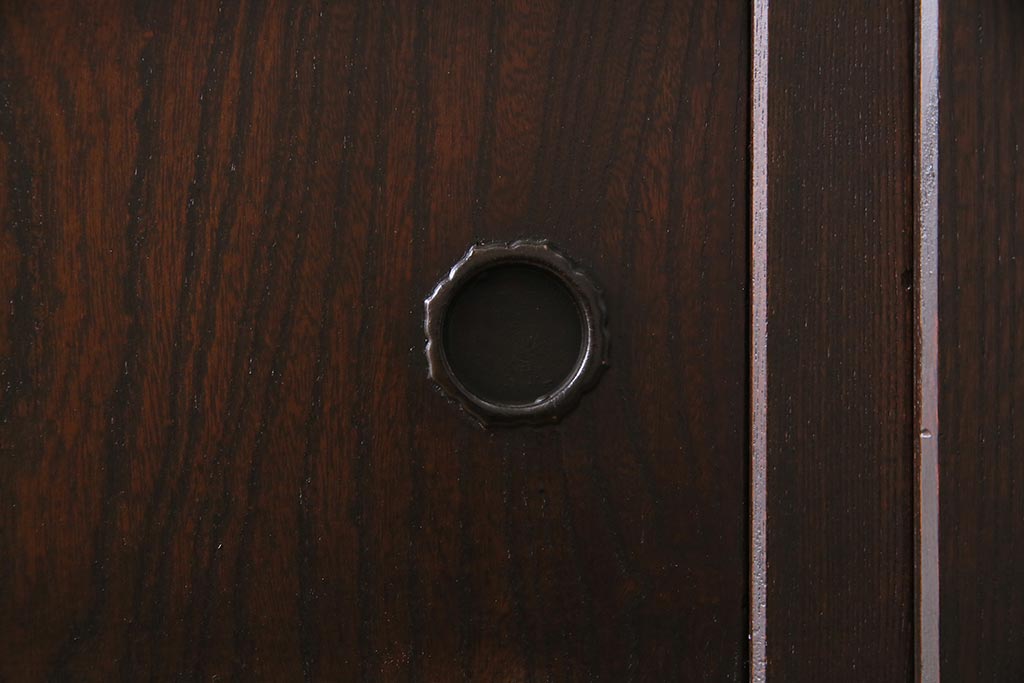 アンティーク家具　和製アンティーク　昭和初期　前面ケヤキ材　格子がアクセントになったリメイク水屋箪笥キャビネット(戸棚、収納棚)(R-044566)