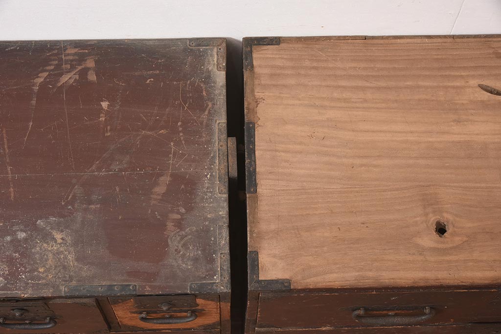 アンティーク家具　和製　明治期　珍しいデザインの重ね箪笥(和箪笥、衣装箪笥)(R-044585)
