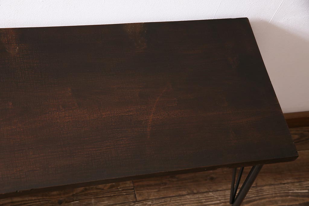 アンティーク家具　和製　明治大正期　朴の木一枚板　古い裁ち板をリメイクした鉄脚テーブル(作業台、アイアンテーブル、コンソールテーブル)(R-044667)