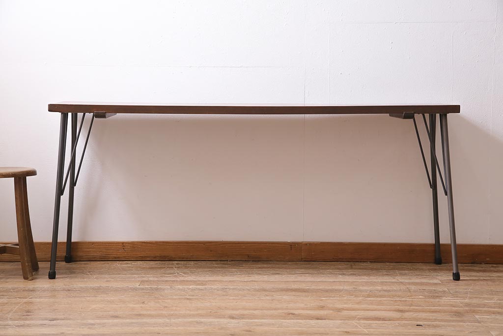 アンティーク家具　和製　大正昭和初期　桂一枚板　古材を活かしたシンプルな鉄脚テーブル(作業台、アイアンテーブル、コンソールテーブル)(R-044668)