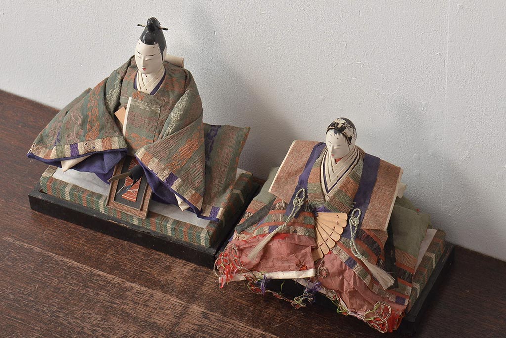 江戸期　古い雛人形(お内裏様、男雛女雛、雛道具)(R-044672)
