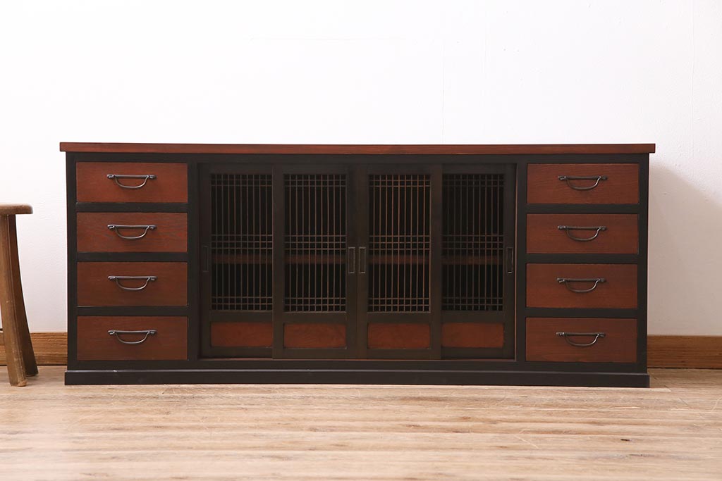 ラフジュ工房オリジナル　古建具リメイク　上品な和を感じさせる引き出し付きローボード(収納棚、戸棚、テレビ台、テレビボード)(R-044726)