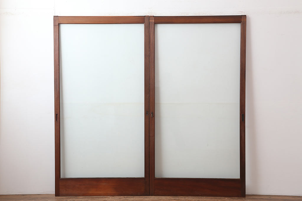 アンティーク建具　和製アンティーク　大判のゆらゆらガラスが魅力のガラス戸2枚セット(引き戸)(R-044808)