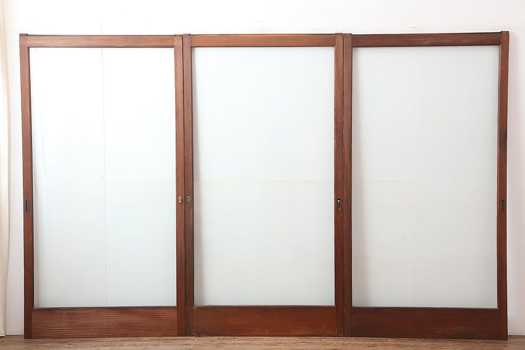 アンティーク建具　和製アンティーク　大判のゆらゆらガラスが魅力のガラス戸3枚セット(引き戸)(R-044809)