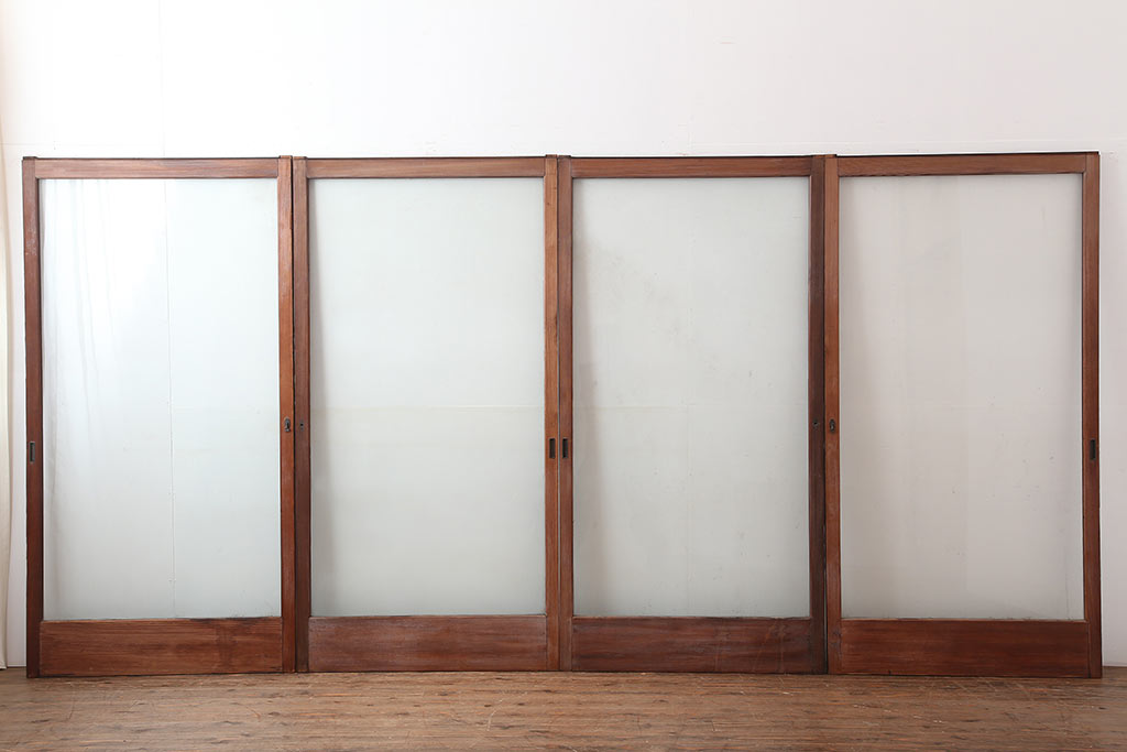 アンティーク建具　和製アンティーク　大判のゆらゆらガラスが魅力のガラス戸4枚セット(引き戸)(R-044842)